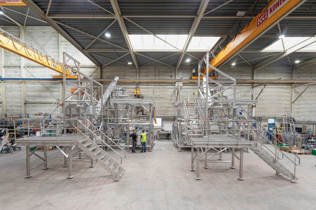 Two identical batter preparation systems for French fries processing, pre-assembled in the Gpi production hall